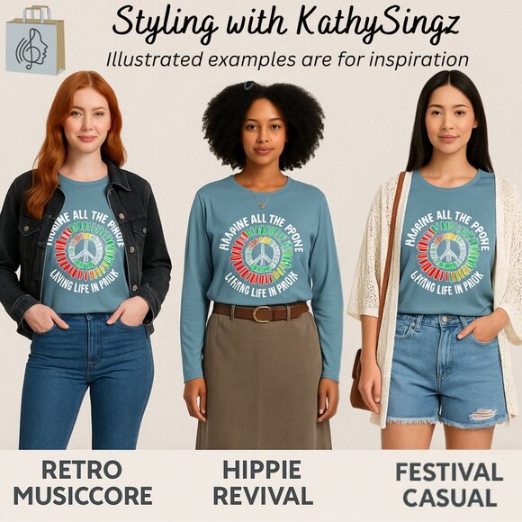 Imagine Peace Long Sleeve Top Size S Light Teal Blue Retro Musiccore Style - Picture 3 of 8